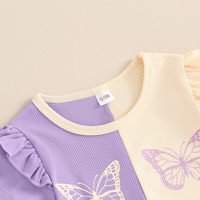 Suefunskry Kinder Mädchen Hosen Set, Kontrast farbe Kurzarm Schmetterling Print T-Shirt mit ausgestellten Hosen Sommer Outfit