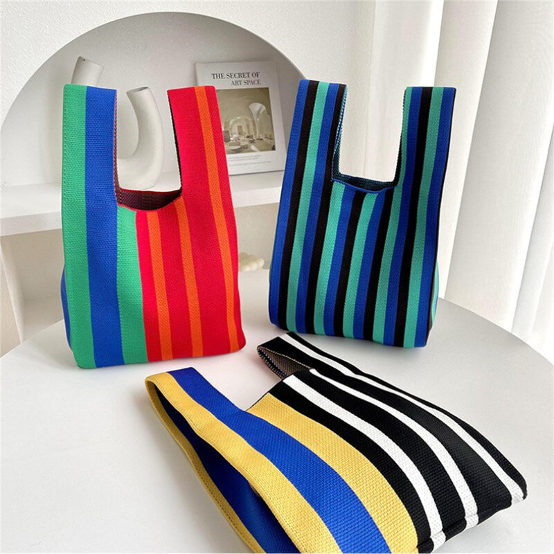 Japanese Thin Stripe Plaid Tote Bag Women Mini Knot Wrist Bag Casual Color Handmade Knit Handbag Reusable Shopping Bag Key Purse