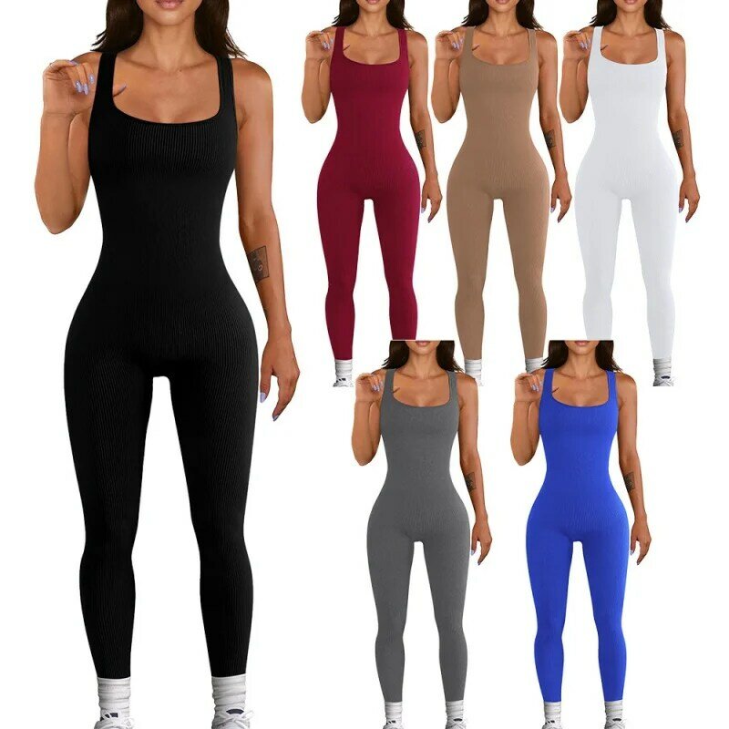 Women's all-in-one hip lifting round neck exercise jumpsuit, abdominal control dance and fitness set, outdoor stretch sportswear