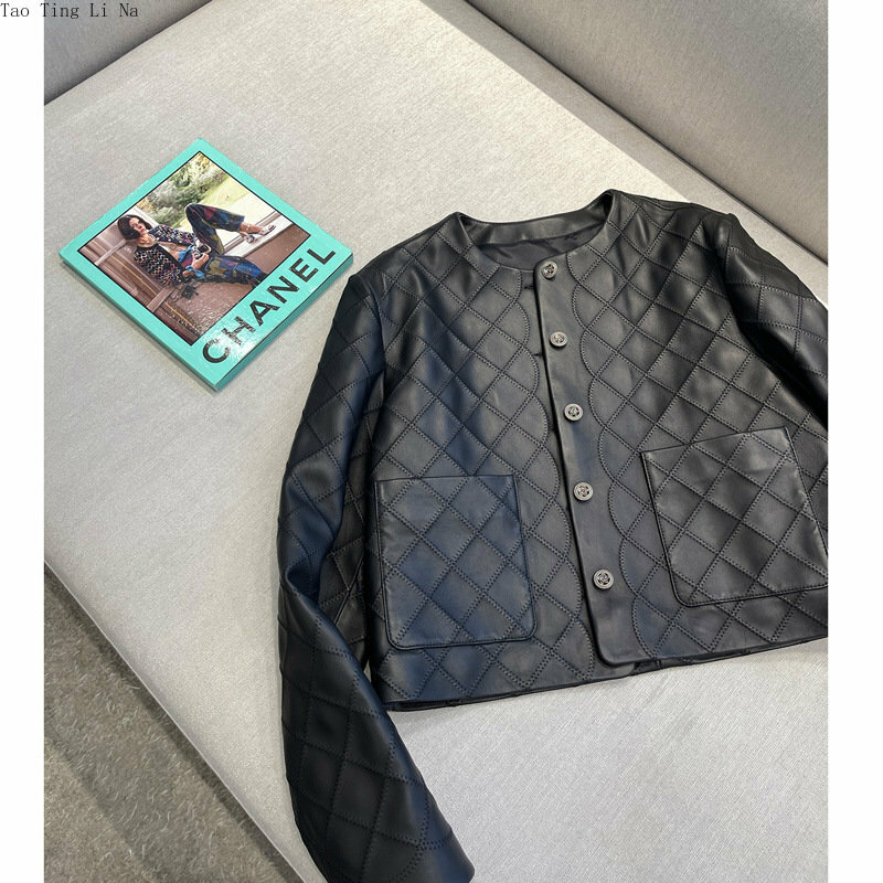 2023 Women Genuine Sheepskin Embroidered Diamond Plaid Leather Jacket S20
