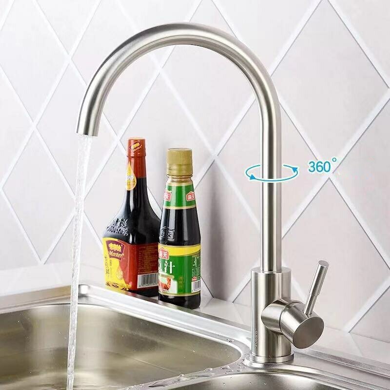 BAOKEMO Kitchen Faucet Brushed Stainless Stee 360 ° Rotating Swan Neck Cold and Hot Mixer Taps Deck Mounted Single Handle Fauce