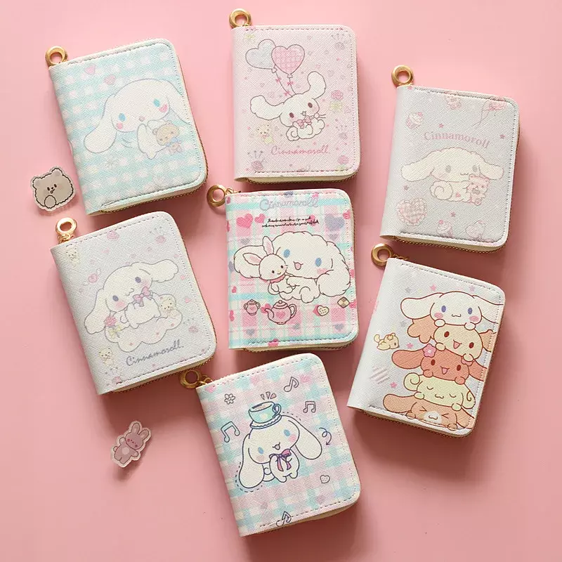 Monedero Kawaii de Hello Kitty Sanrio My Melody Kuromi Cinnnamoroll Pudding, cartera bonita, llavero, bolso de mano con tarjetero