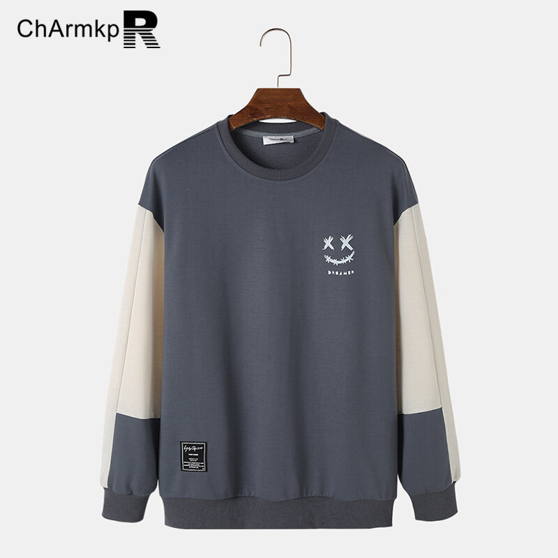 2024 ChArmkpR męskie bluzy z kapturem modne bluzy długi rękaw nadruk patchworkowy pulowerowe topy koszulka męska odzież Streetwear