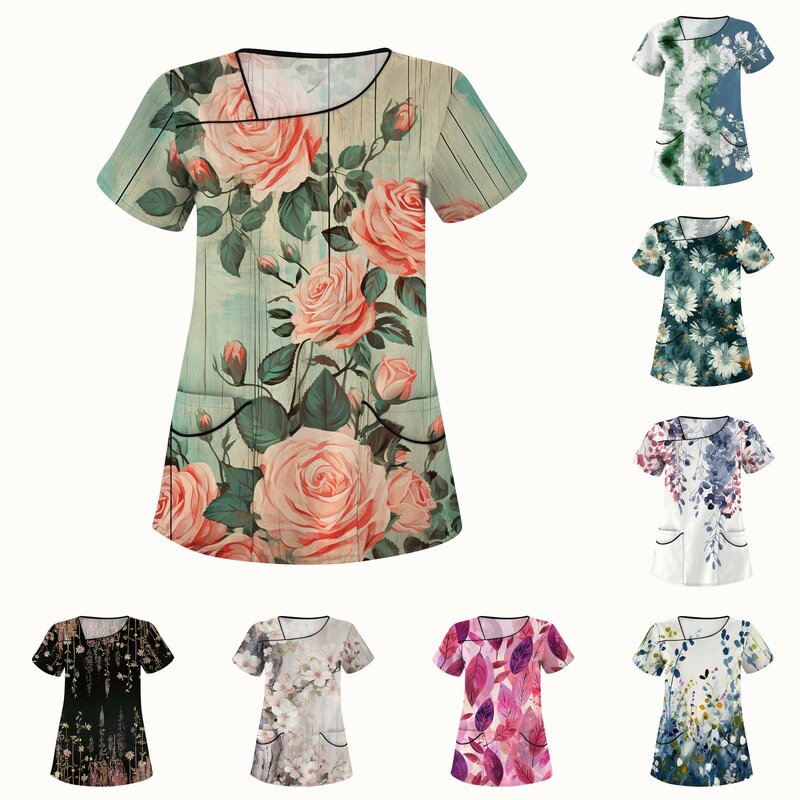 Women'S Sloping Collar Tops Flower Print Short Sleeve Workwear Tops With Double Pockets Daily Causal Loose Fit Care Tops