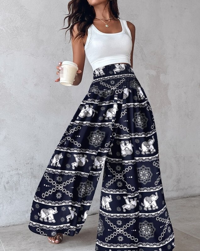 New vacation printed pants with floral patterns high waisted loose casual pants and personalized women's pants