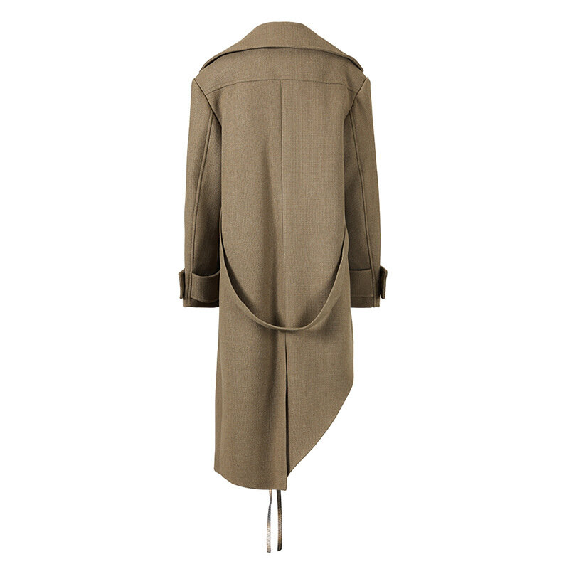Mantel besar wanita berkerah desain unik satu saku mantel elegan ringan Tan lengan panjang satu kancing pakaian terbaru dalam stok