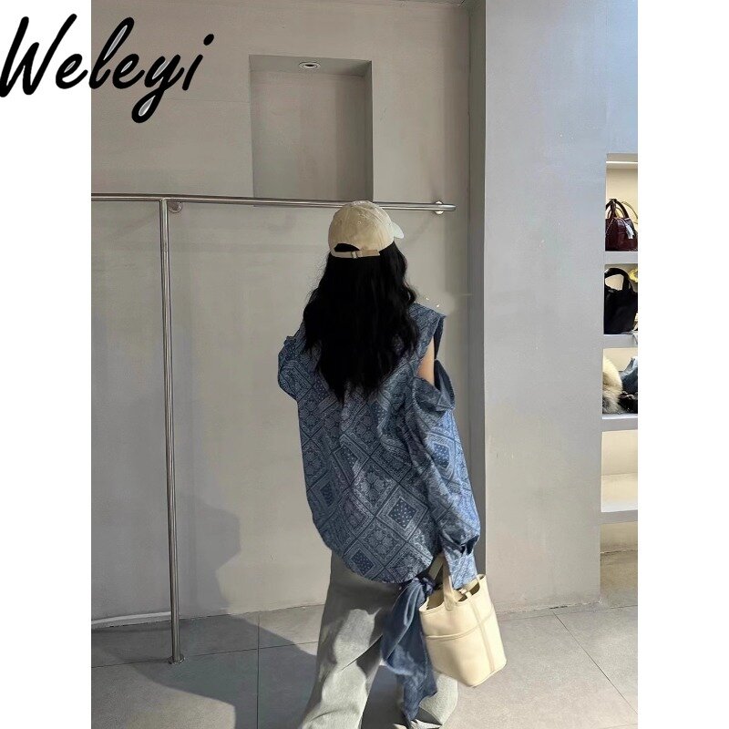 Sexy Off The Shoulder Denim Shirts Ropa De Mujer 2024 Autumn Retro Color Hollow Polo Lapel Outer Wear American Mid Length Shirt