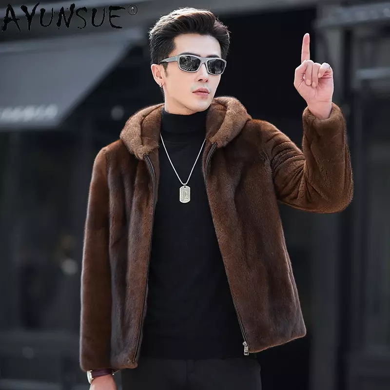 AYUNSUE высококачественное пальто из натурального меха мужская одежда с капюшоном зимняя Повседневная Деловая куртка из натурального меха норки мужские меховые пальто манто для мужчин