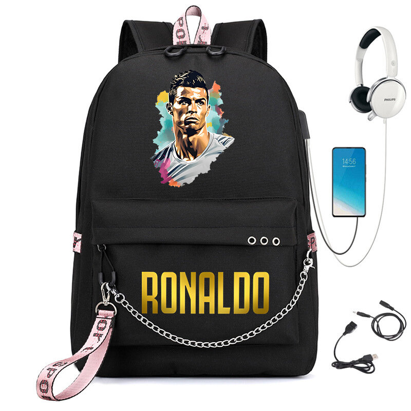Ronaldo Print Student School Bag, mochila preta, saco de viagem infantil, adequado para meninas