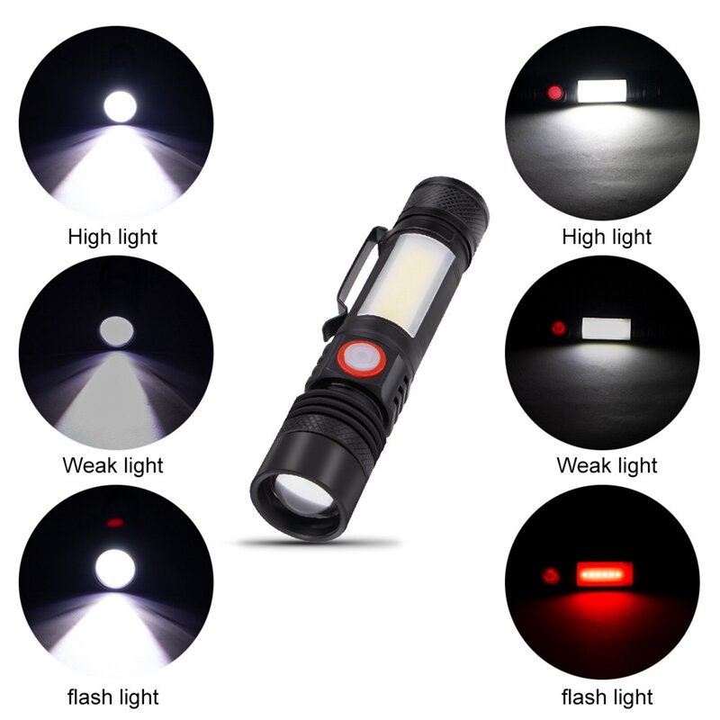 Linterna LED impermeable, linterna magnética con Zoom T6 + COB, con Clip, luz de mano portátil, batería 18650
