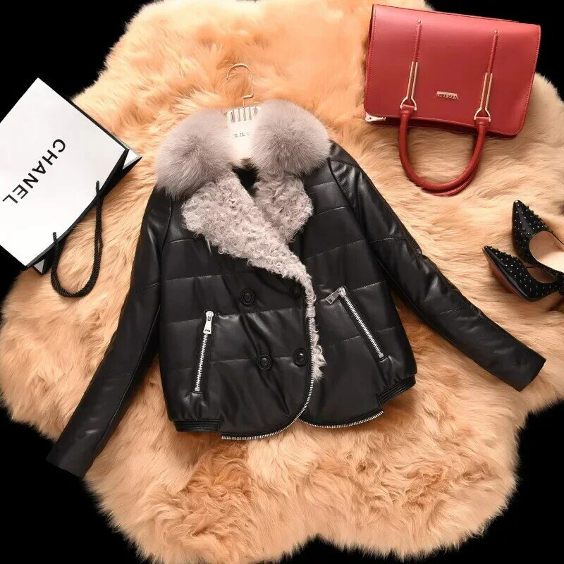 2024 Genuine Leather Jacket Women Winter White Duck Down Warm Fox Fur Collar Real Sheepskin Coat Female Outwear Top ZT280