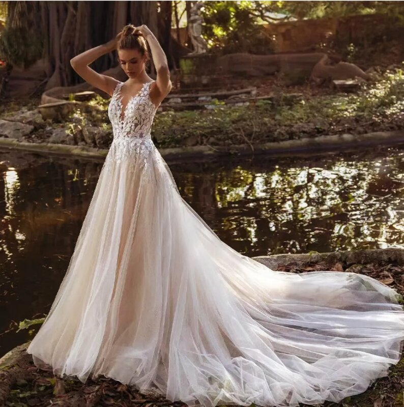 Gaun pernikahan kerah v musim gugur untuk wanita gaun pengantin applique bunga tanpa lengan panjang menyentuh lantai gaun pengantin A-Line Vestidos De Novia 2024