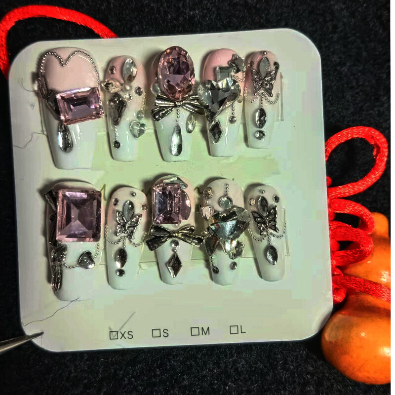 재사용 및 핸드메이트 중국 고전 프레스 손톱, 착용 가능한 풀 다이아몬드 가짜 손톱, 선물로 침투 얼음 핑크 공예