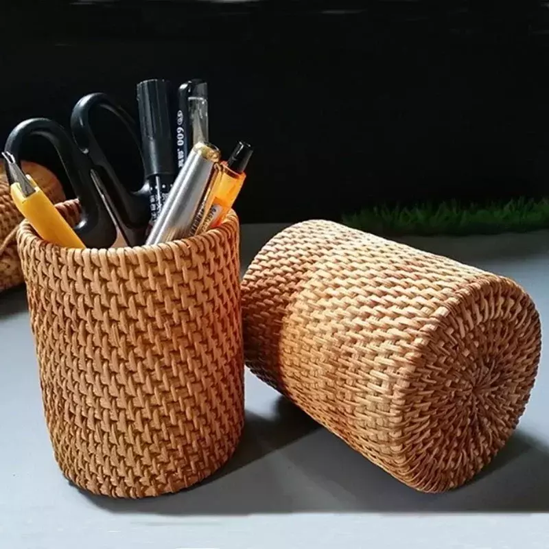Simple Rattan Pen Holders Stationery Desk Storage Box Home Organizer Baskets Desktop Accessories Office School Supplies