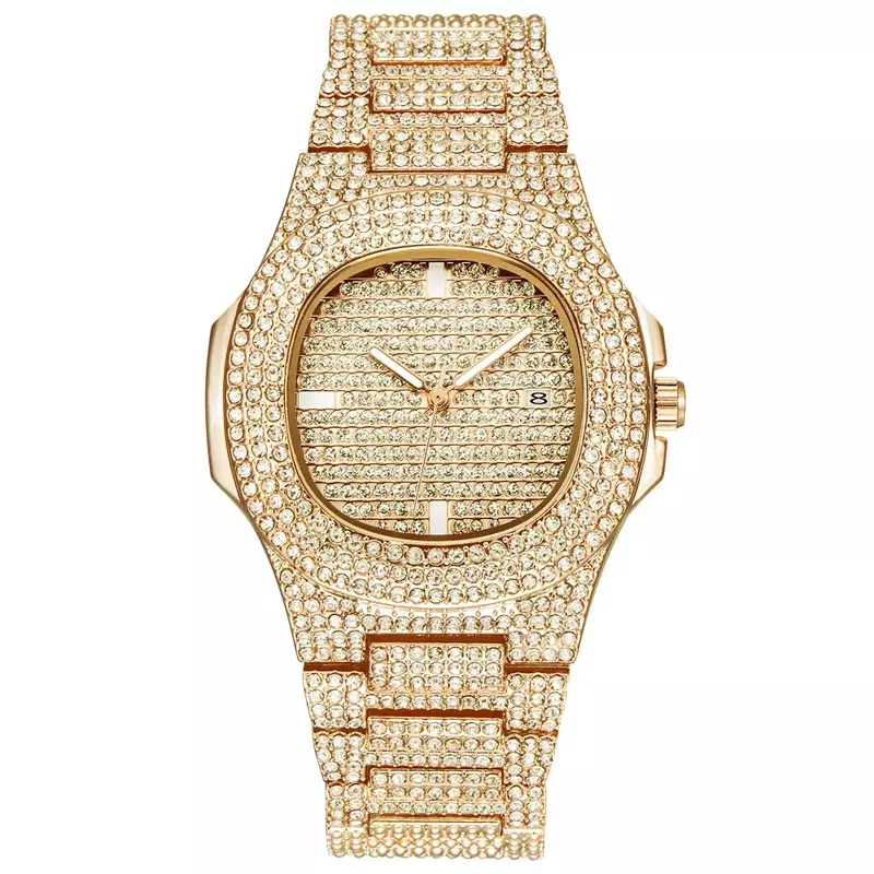 Ice-Out Bling Diamond Watch para homens e mulheres, relógios de quartzo, pulseira de aço inoxidável, relógio de pulso comercial, presente unisex