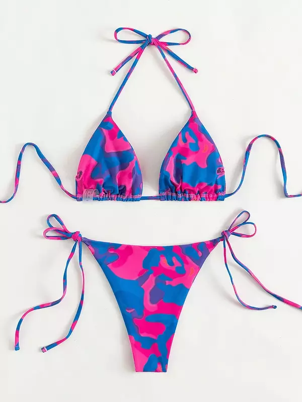 Microbikini Tie Dye para mujer, traje de baño femenino con Tanga, conjuntos de Bikini Sexy con cordones, Bikini brasileño con cuello Halter 2024