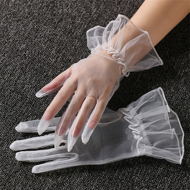 Fashion Women Short Sheer Tulle Gloves Ultra Thin Stretchy Full Finger Mittens Mesh Wrist Wedding Bride Gloves Halloween Party