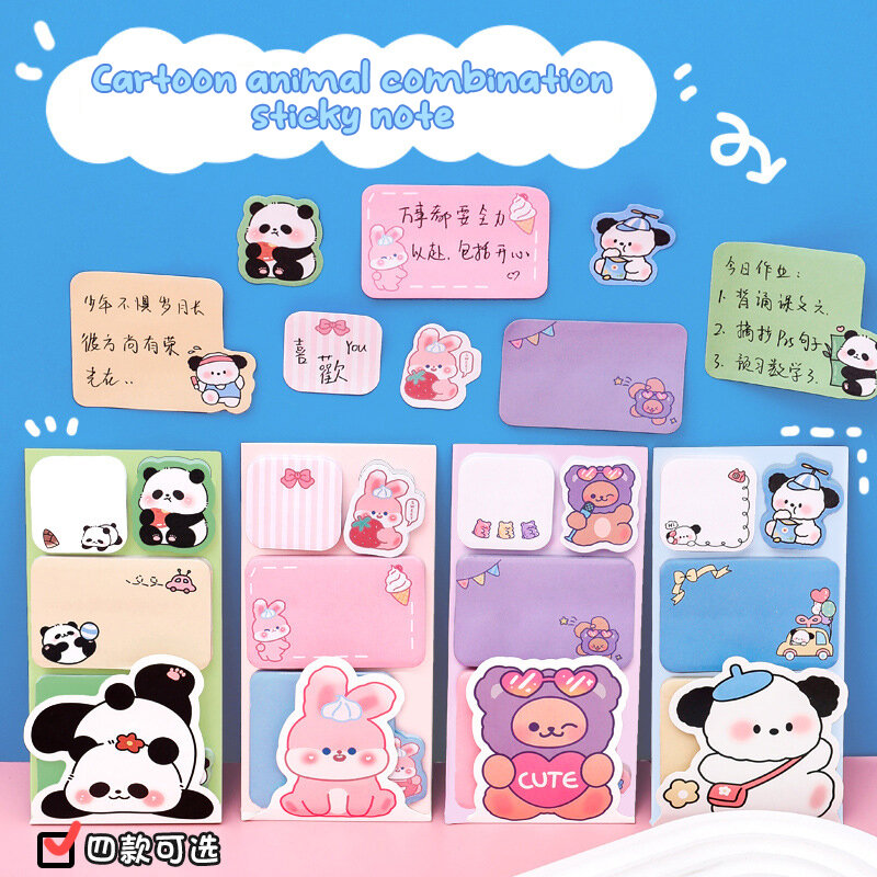 Auto-adesivo Sticky Notes, Cute Cartoon, Animal, Urso, Coelho, Panda, Memo Pads, Mensagem, Material escolar, 100 folhas
