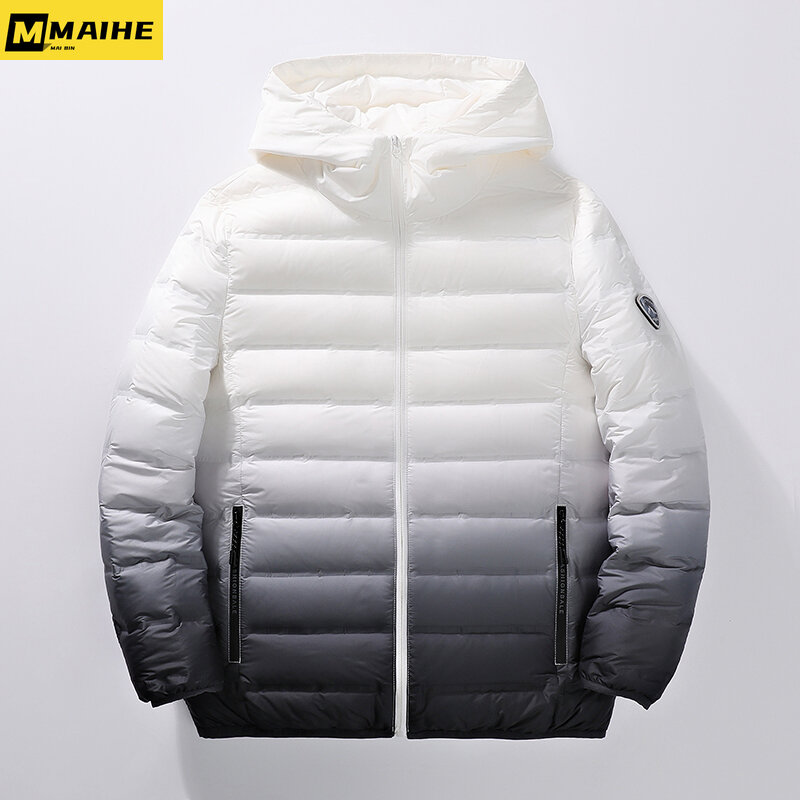 High-end winter down jacket men can pack light ribs gradient white duck down coat Korean fashion men's and women's hooded jacket