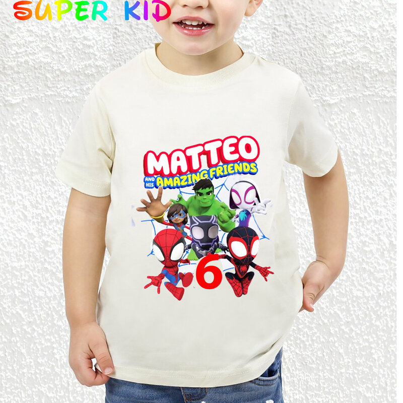 Homem-Aranha manga curta camiseta para aniversário, personalizar nome, camiseta menino, homem-aranha, seus incríveis amigos, verão