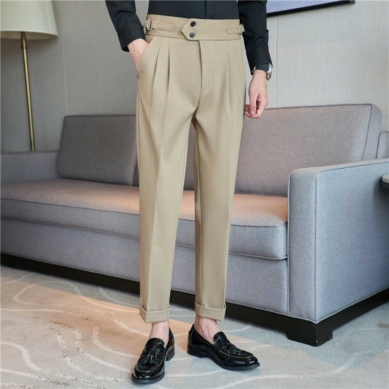 Pantalones de traje de cintura alta para hombres, Pantalones rectos de negocios casuales, oficina, Social, boda, ropa de novio, moda coreana