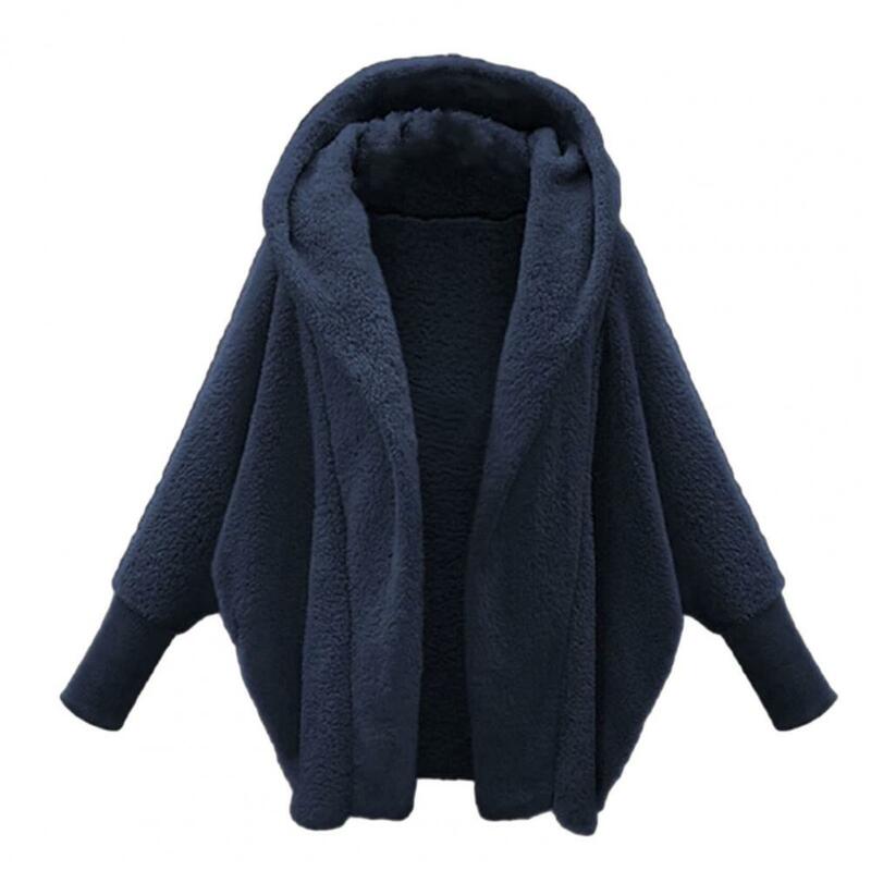 Jaket hoodie wanita, mantel Luaran lengan panjang berkerudung warna polos, kardigan depan terbuka tebal musim gugur dan dingin