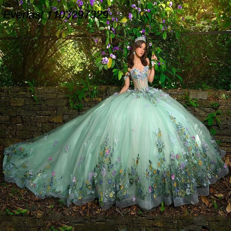 EVLAST 2024 Mint Green Quinceanera Dress Ball Gown 3D Butterfly Applique Beaded Corset Mexico Sweet 16 Vestido De 15 Anos TQD546