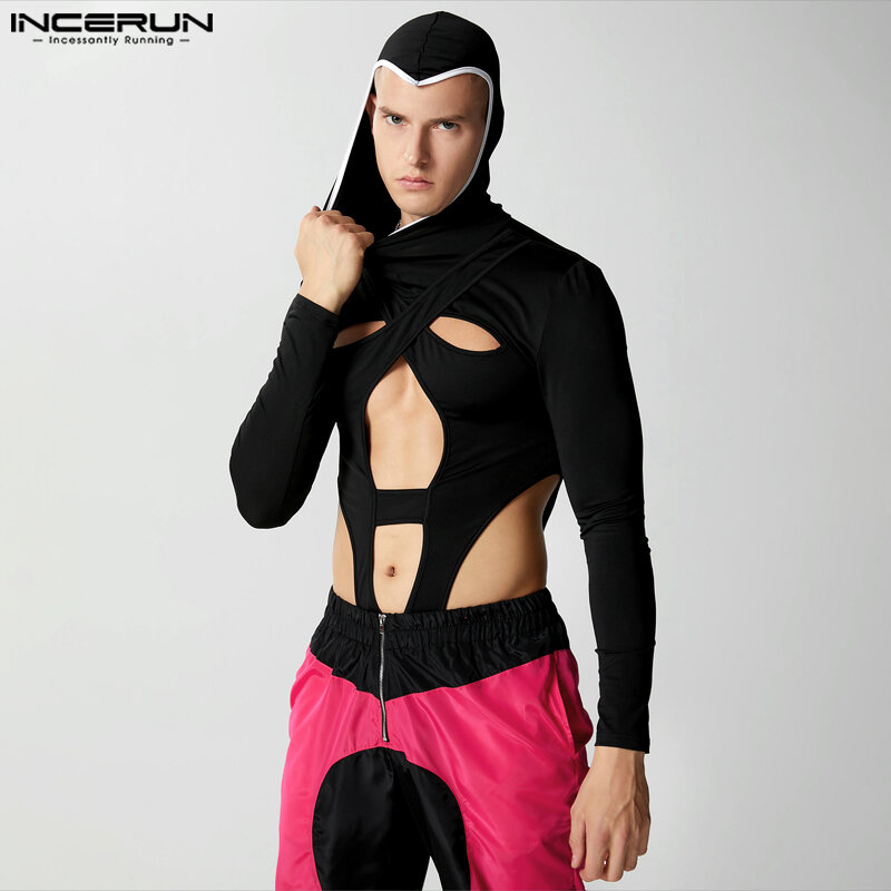 Incerun 2023 Sexy Mannen Bodysuits Houden Van Capuchon Uitgehold Gedeconstrueerd Ontwerp Rompertjes Mode Driehoek Lange Mouw Jumpsuits S-3XL