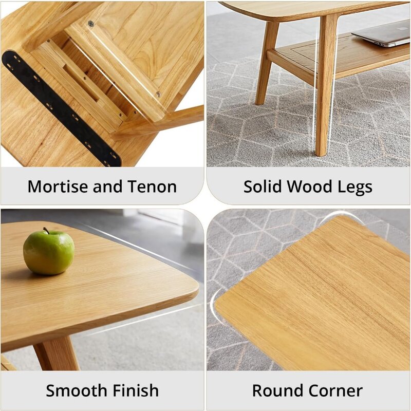 Table basse en bois massif avec étagère de rangement, table basse ouverte