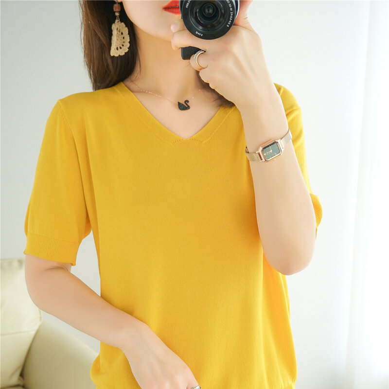 2022 Summer New Women's Korean V-Neck Sweater Retro Pullover Loose Solid Color Thin Mid-Sleeve Knitted Sweater Fashion Jacket