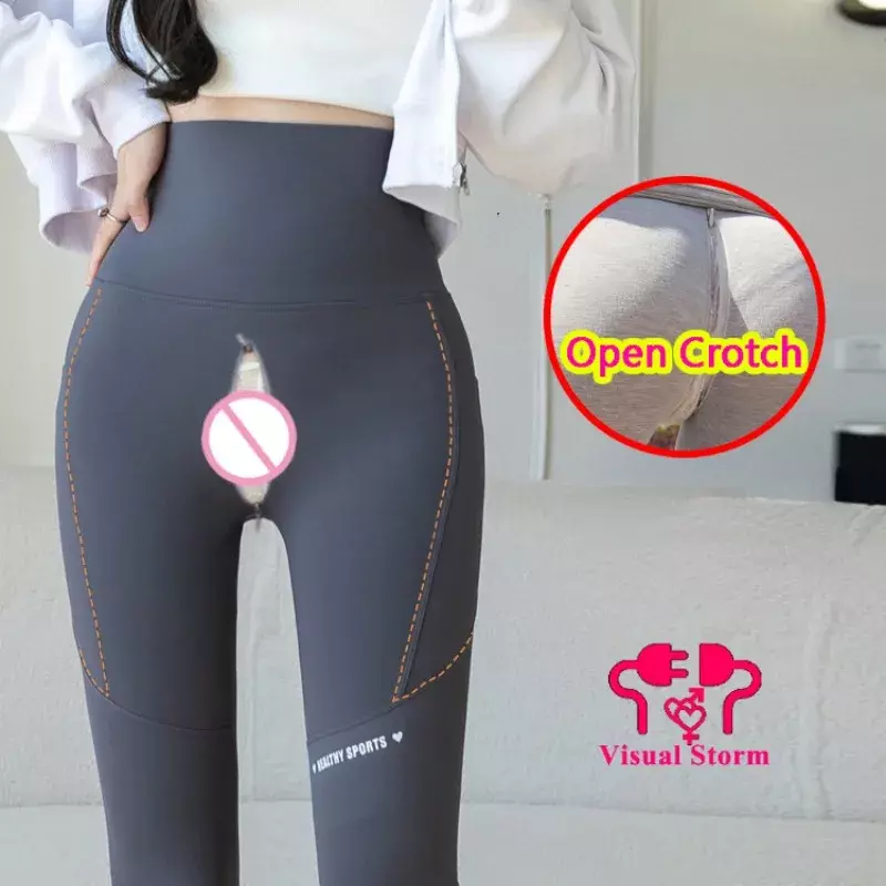 Women Crotchless YOGA Leggings Gym High Rise Fitness Pants Invisible Double Zippers Pockets Sport Trousers Open Crotch Panties