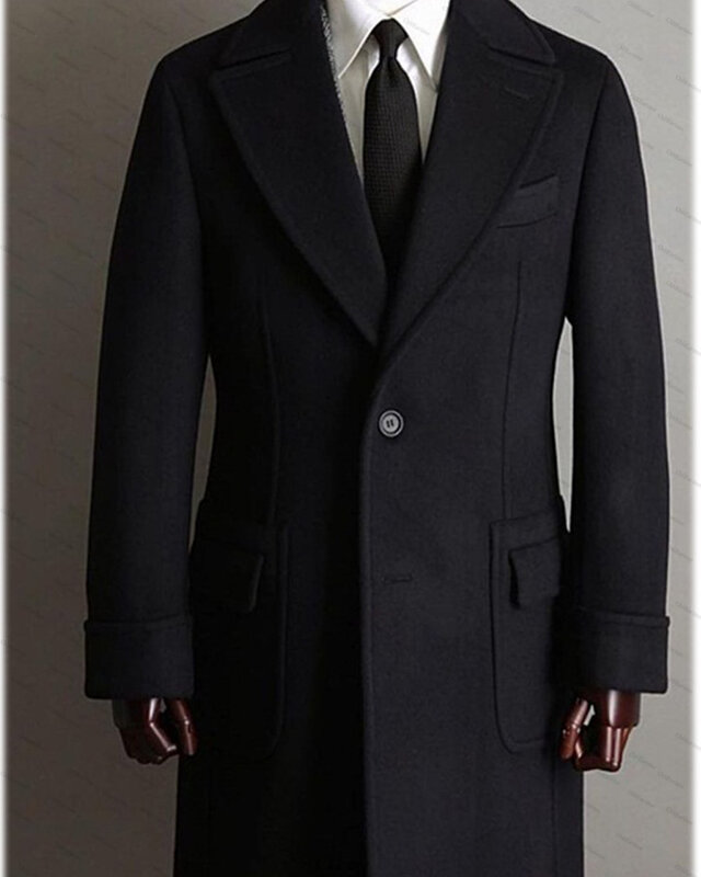 อย่างเป็นทางการผู้ชายสีดำชุดที่กำหนดเองเสื้อขนสัตว์หนาคุณภาพสูง Tuxedo Coat ชี้ Lapel Blazer ยาว Coat