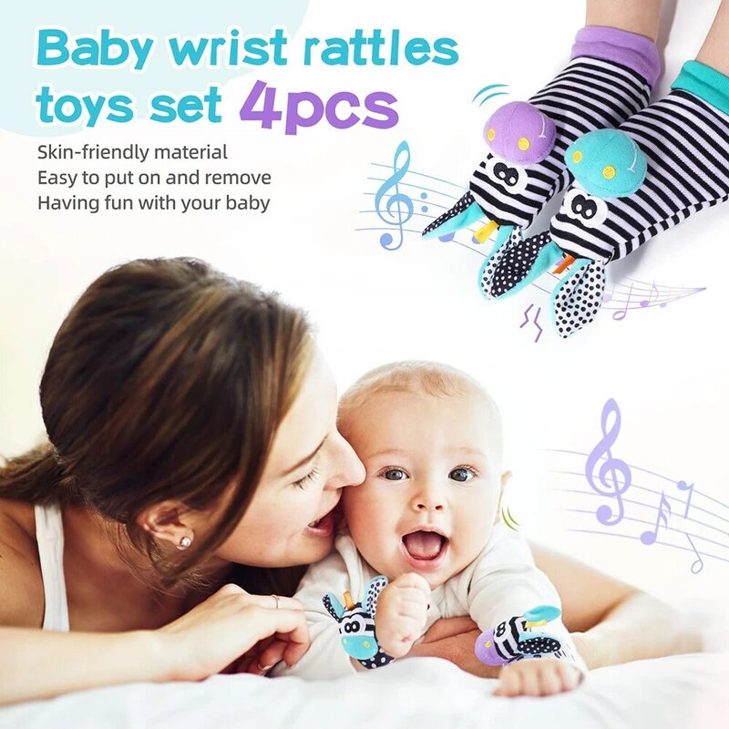 Bebê pulso chocalhos e pé Finder meias Set, infantil chocalho meias, recém-nascidos macio sensorial brinquedos