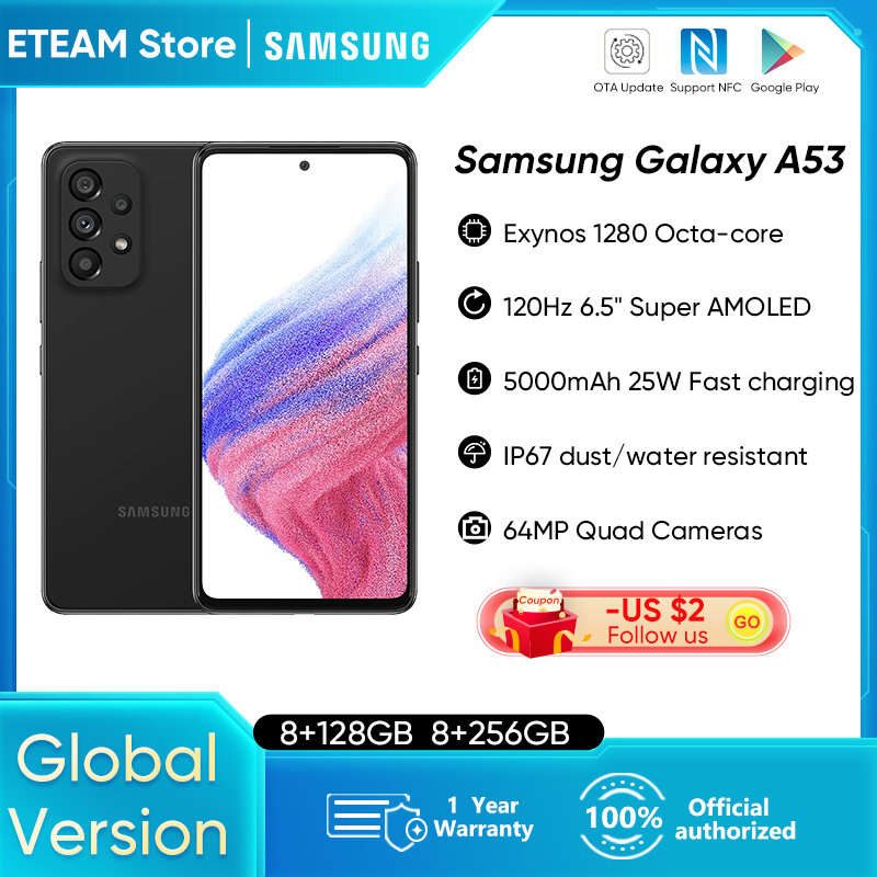 Smartphone Samsung-Galaxy A53 5G, Versão Global, Exynos 1280 Octa-Core, 120Hz, Super AMOLED, 5000mAh, 25W, Carregamento Rápido, Telemóvel