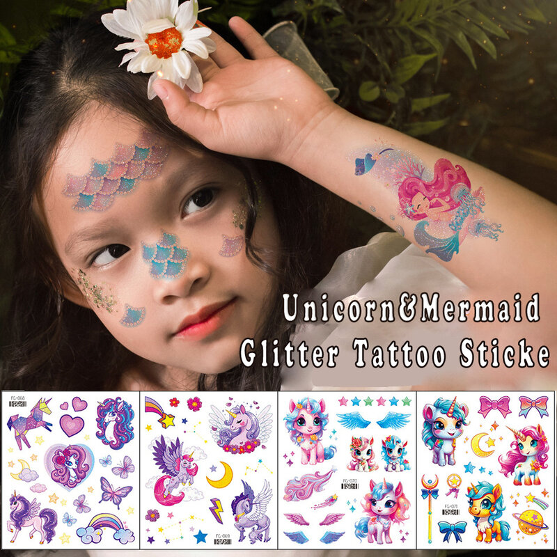 Temporary Glitter Unicorn Tattoo Sticker para crianças, impermeável, Flash, lua, estrela, arte, falsificação, menina, 10pcs