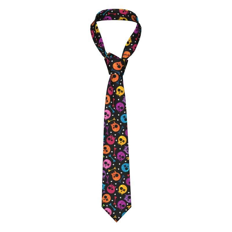 Gravata casual fina de gola estreita masculina, clássica, skinny, caveiras multicoloridas e gravatas de corações, presente