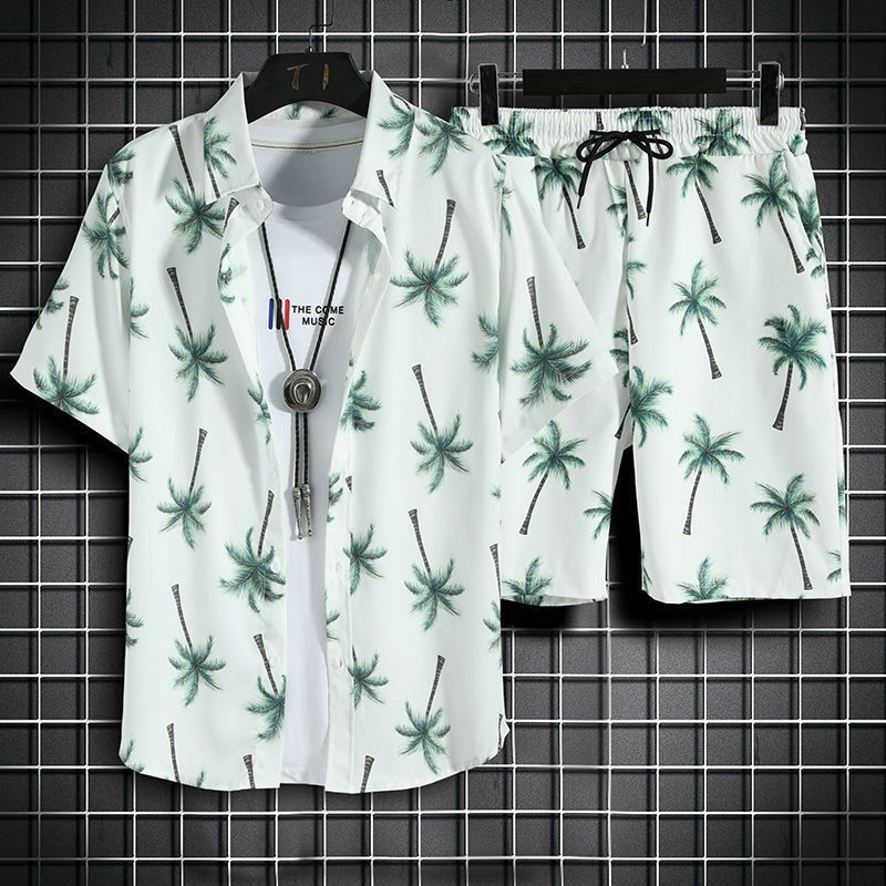 남성용 비치 의류 2 피스 세트, 빠른 건조 하와이안 셔츠 및 반바지 세트, 남성 패션 의류, 인쇄 캐주얼 의상, 여름