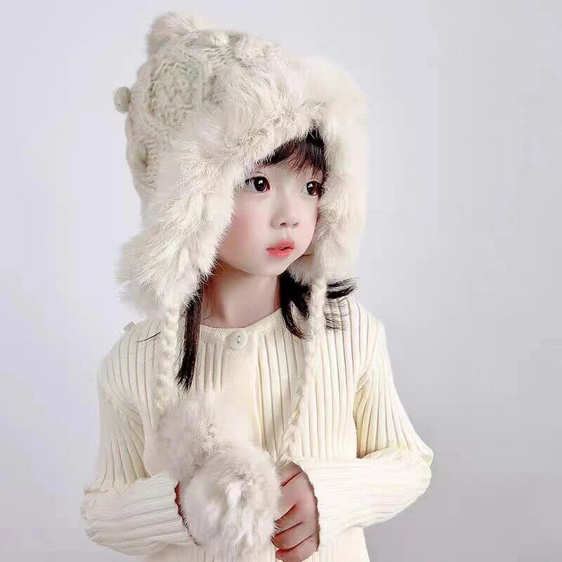 Bonés de lã fofa infantil, chapéu tricotado para meninas, coelho Furball, boné de orelha quente de bebê, inverno de alta qualidade