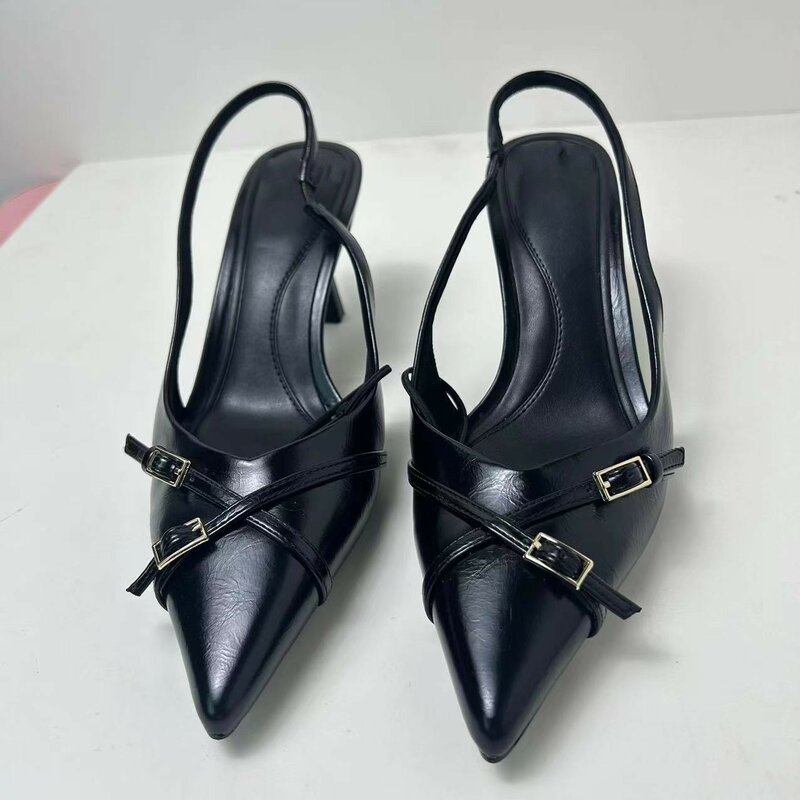 2024 Fashion High Heel Women's Shoes Pointed Buckle Cross Strap Back Strap Exposed Heel Shallow Mouth Sandals for Women
