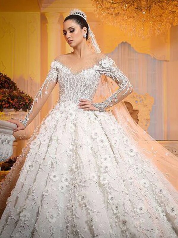 Przepiękne koronkowe suknie ślubne z okrągłym dekoltem aplikacje kryształki suknia ślubna luksusowa suknia do podłogi suknie panny młodej Vestidos De Novia