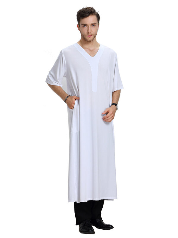 Marocco Mens tinta unita abiti stile saudita Jubba Thobe uomo Vintage manica corta scollo a V musulmano arabo Dubai abbigliamento islamico