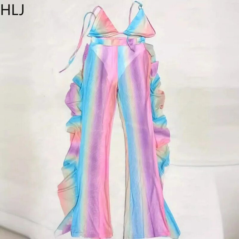 HLJ-Sexy Colorido Tie Dye Imprimir Conjuntos de Duas Peças para Mulheres, V-Neck Bandage Bra, Ruffle Design, Calças Perna Larga, Moda Streetwear
