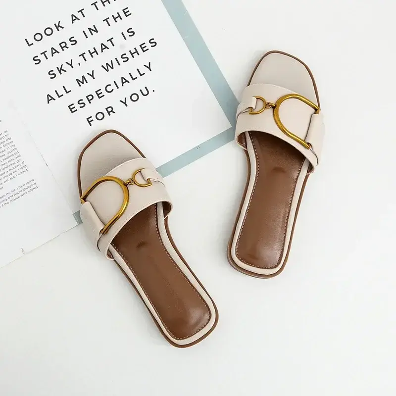 2024 estate donna pantofole in pelle punta quadrata donna appartamenti infradito Designer signore diapositive sandali scarpe da donna sandali di lusso