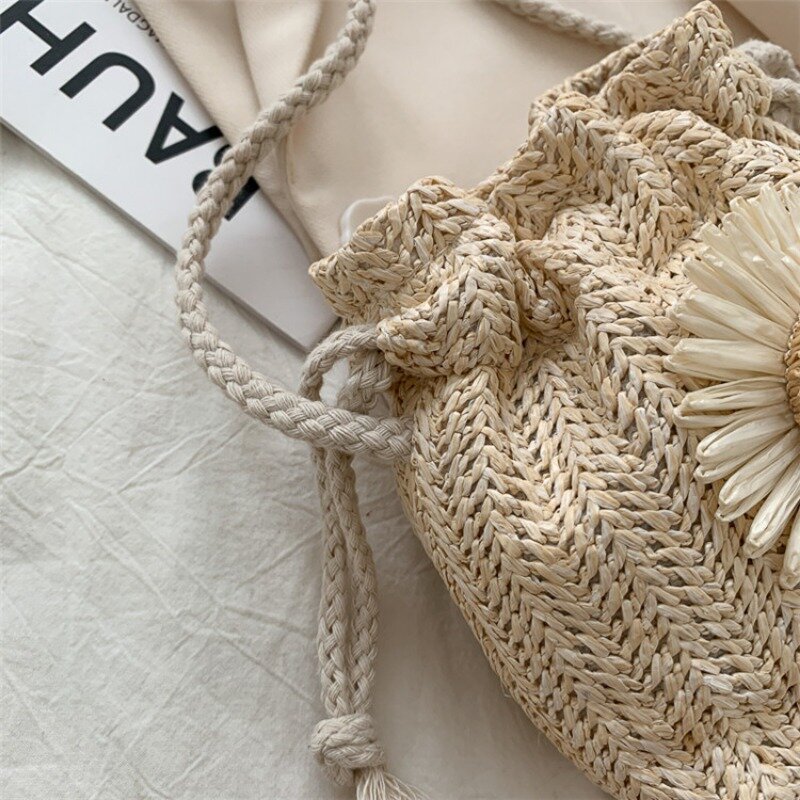 Bolso de mano de paja para mujer, bandolera tejida con flores de girasol, tendencia de verano