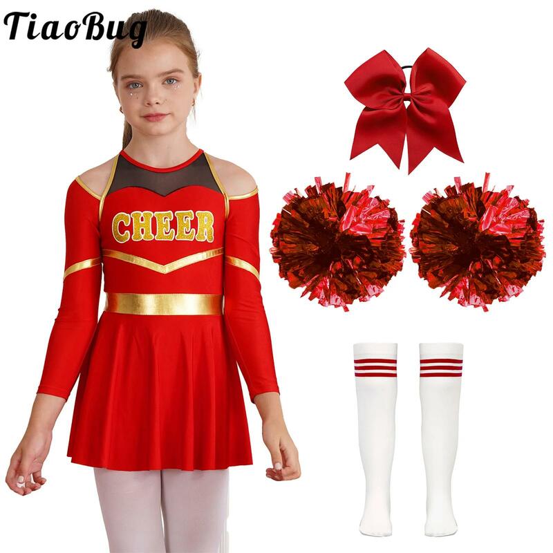 Pakaian pemandu sorak seragam Cheerleader untuk anak-anak perempuan gaun lengan panjang dengan persediaan Pom Pom sekolah anak perempuan kostum dansa pemimpin Cheer