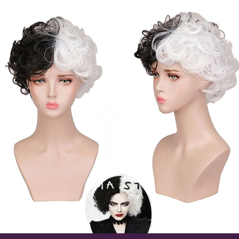 CRUELLA-peruca curta preto e branco com Franja, cabelo resistente ao calor, fantasia de Halloween, peruca de festa, boné