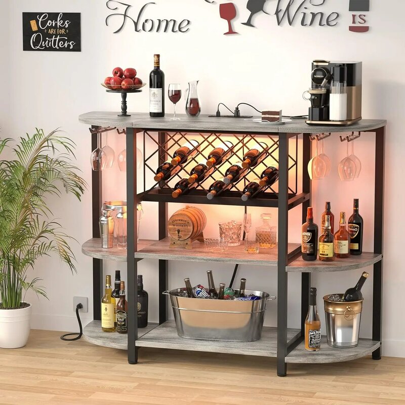 Unikito 4-Tier Metal Coffee Bar Cabinet with Outlet and LED Light, Freestanding Table for Liquor Glass Holder Wine Rack Storage