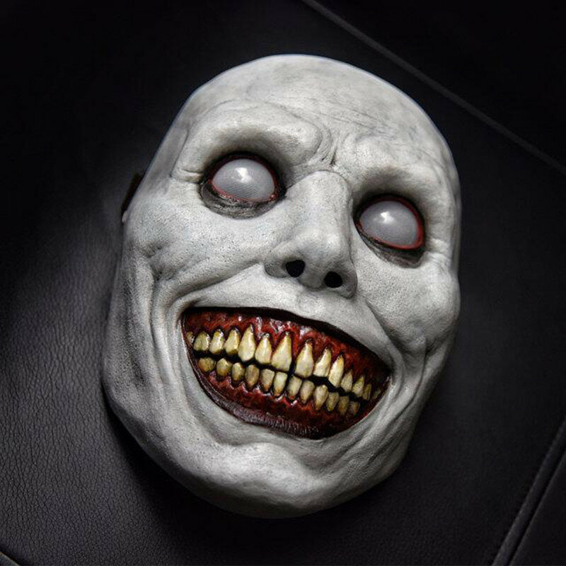 Uśmiechnięty egzorcysta biała tarcza białe oczy przerażająca twarz ze złym rekwizyty do Cosplay imprezowym maskaradą maska Halloween kostiumowe akcesoria