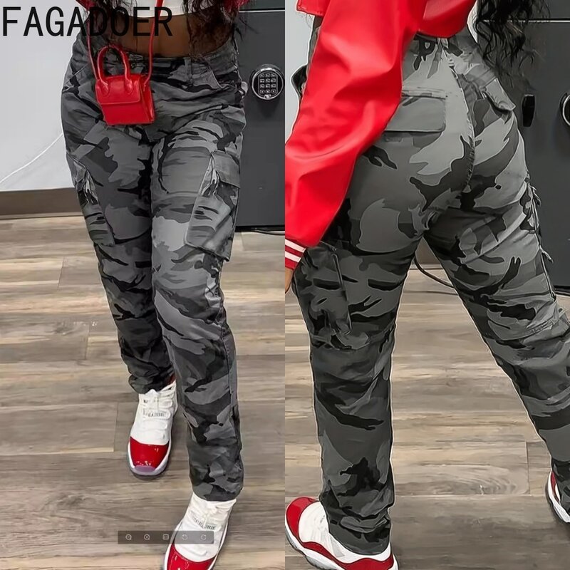 FAGADOER grigio primavera nuova stampa mimetica pantaloni Cargo donna vita alta tasca con bottoni pantaloni sportivi da jogging pantaloni femminili 2024