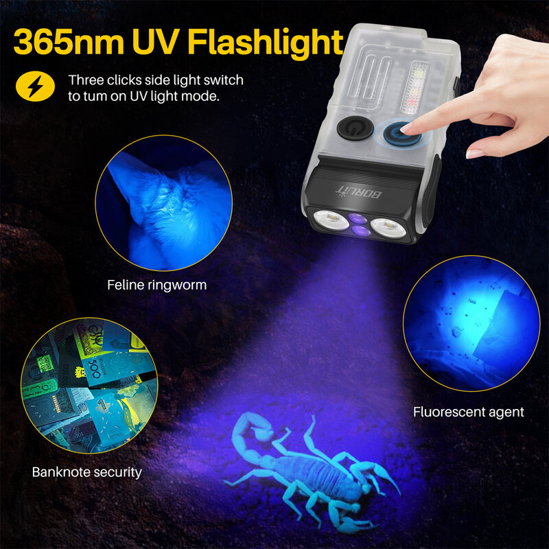 BORUiT-llavero de V20-1 EDC LED, minilinterna portátil tipo C, luz de trabajo recargable, 365nm, linterna UV con pitido magnético